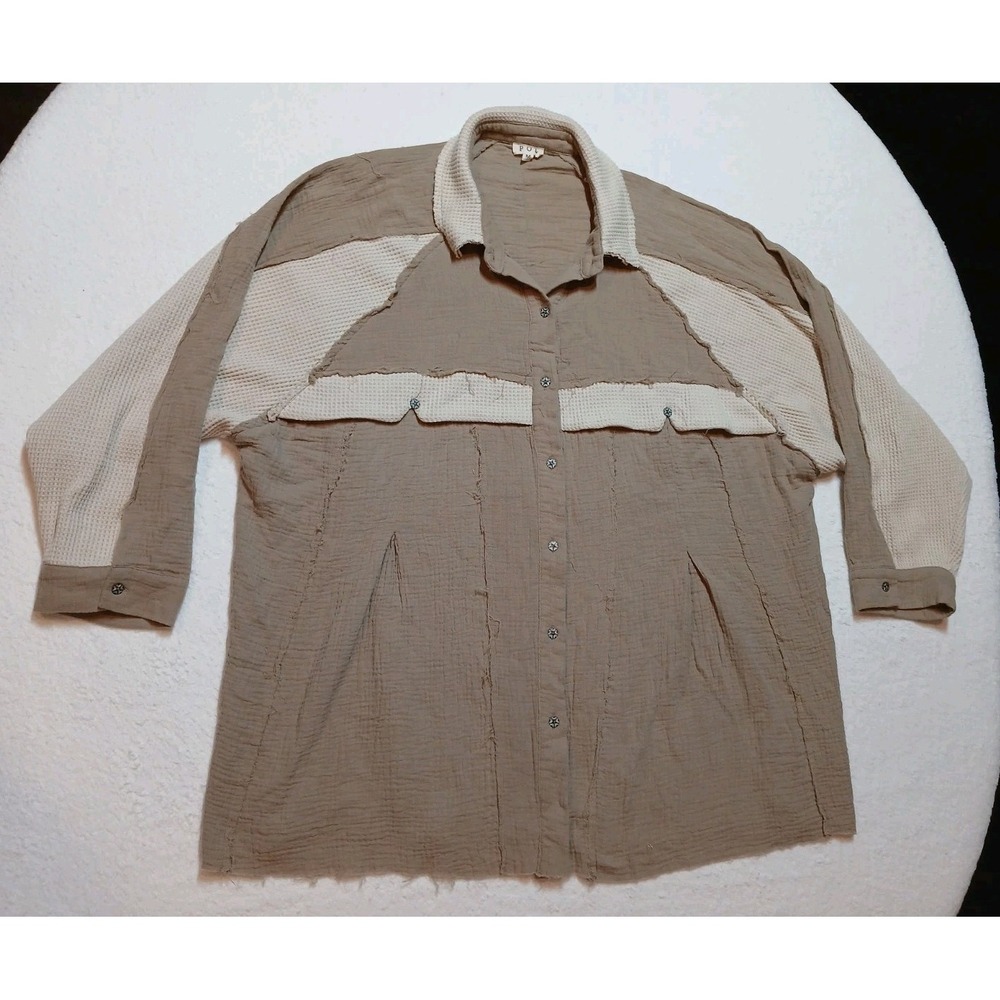 POL Clothing Oversized Patchwork Shacket Medium Tan Waffle Knit Gauze Boho Shirt